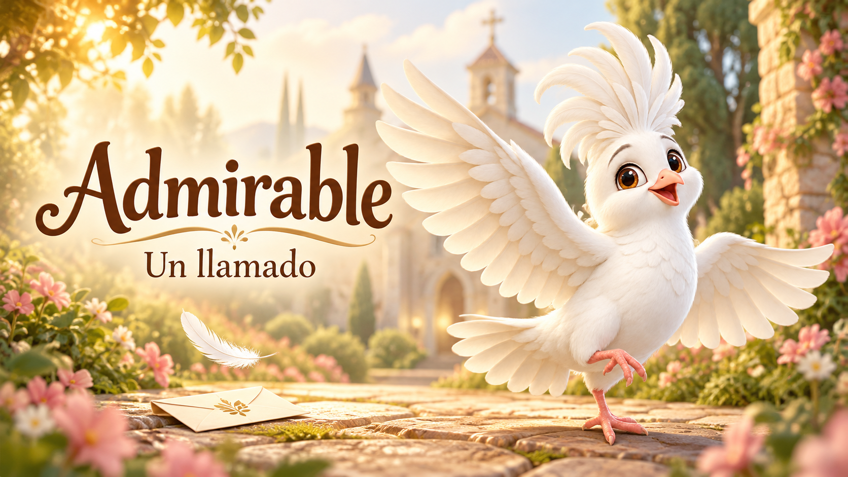 Admirable: Un llamado. Un pajarito blanco abre sus alas junto a una invitación frente a una iglesia